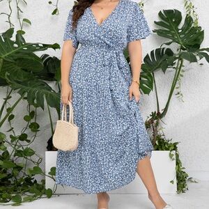 Womens Plus Size V Neck Wrap Maxi High Waist  Dress with Belt